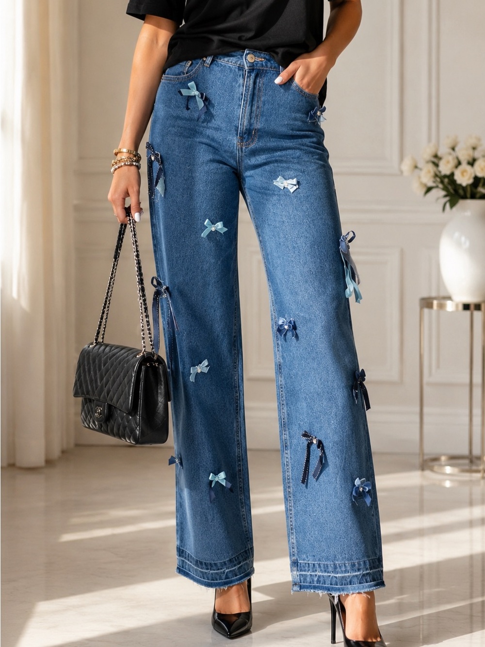 LoveShackFancy Blue Wide-Leg Jeans with Ribbon Bow Embellishments